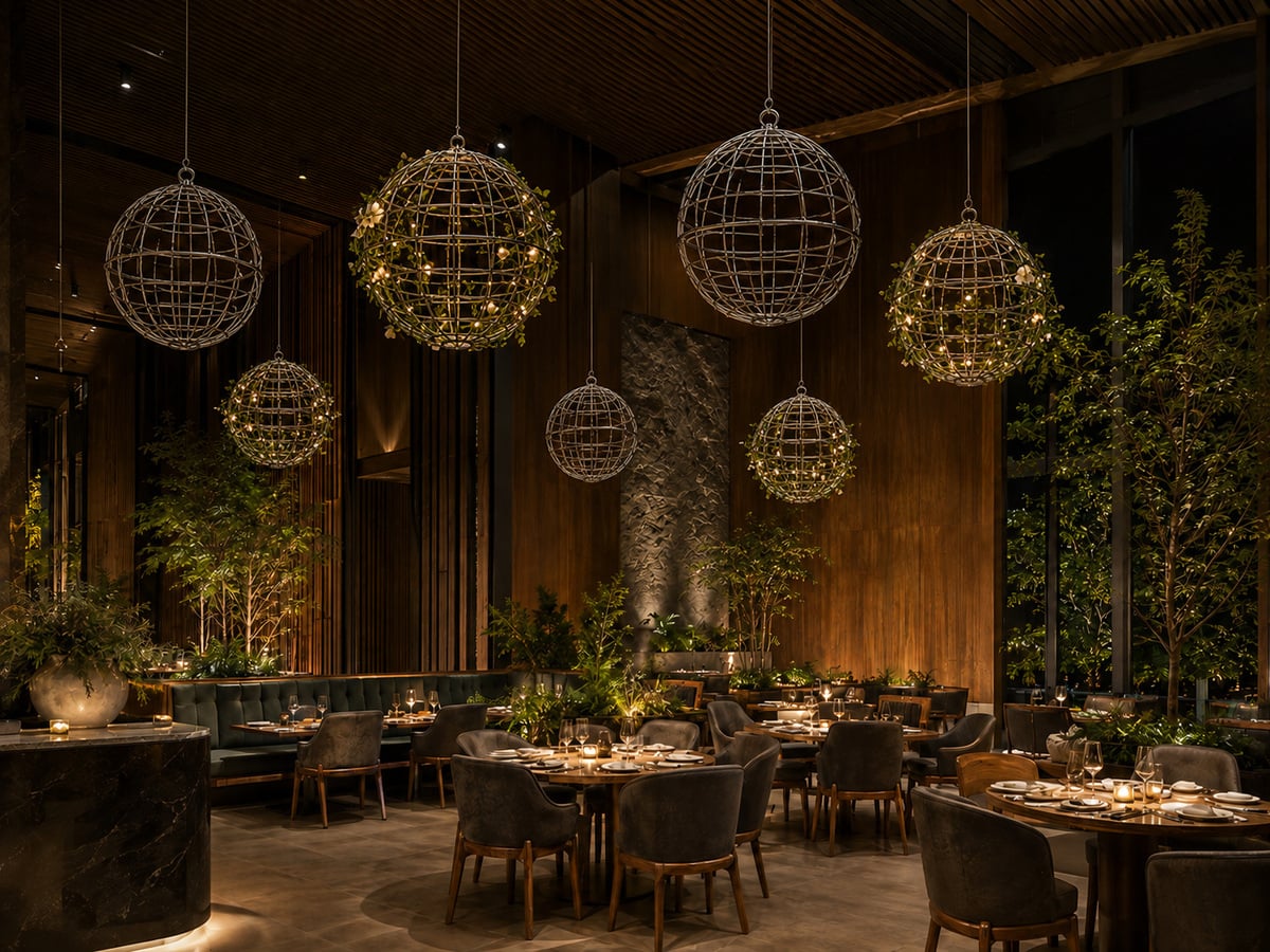 Otel restoranı tavanında sarkıt dekorasyon küreleri