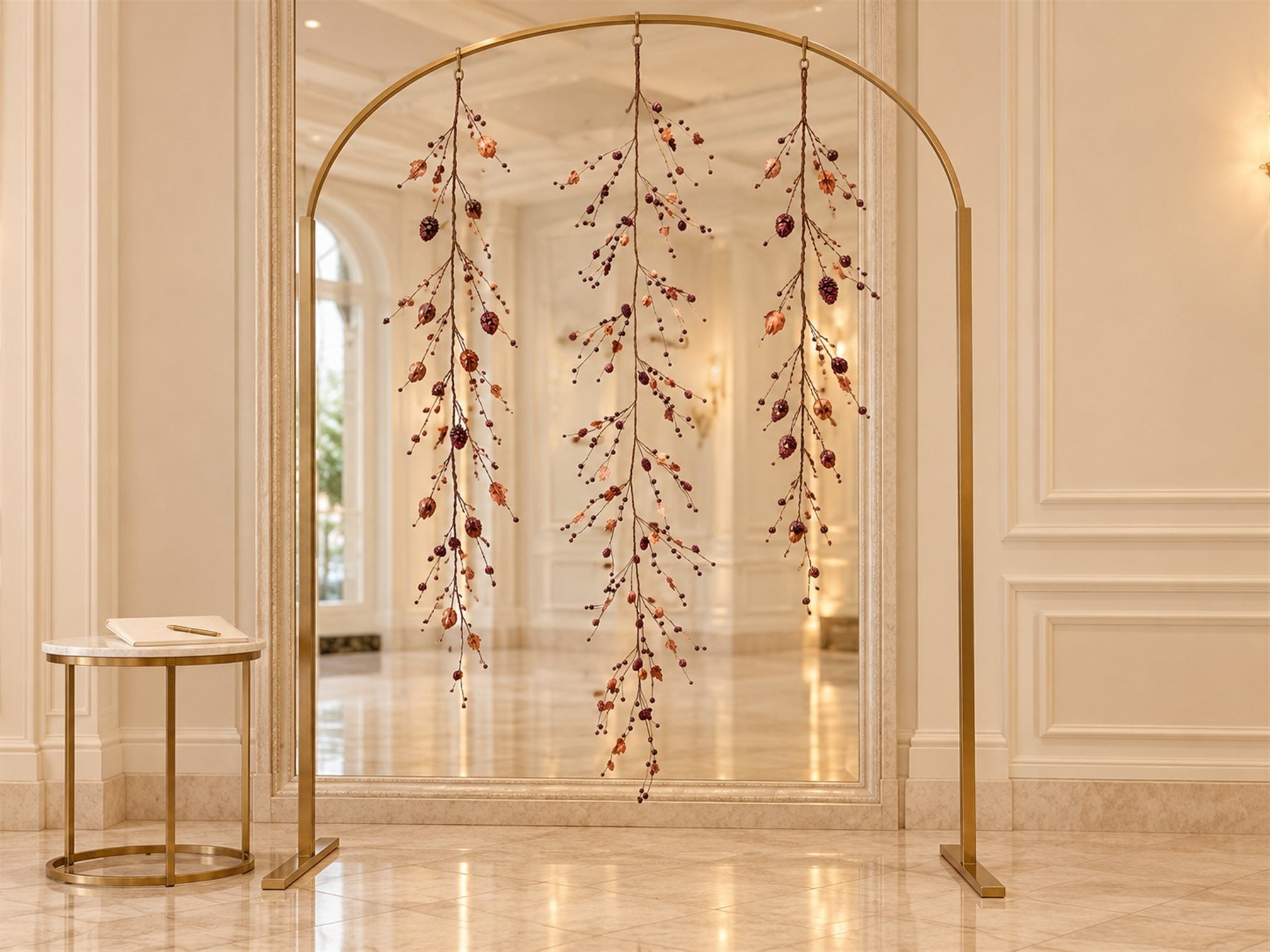 Rose gold garland ile dekoratif kemer ve ayna çevresi uygulama canlandırması