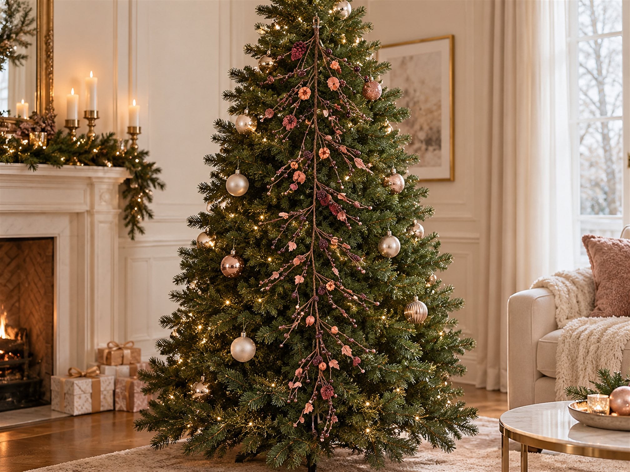 Rose gold dekoratif dalın yeşil yılbaşı ağacında dikey yerleşim canlandırması — DM15243-ROSE-GOLD