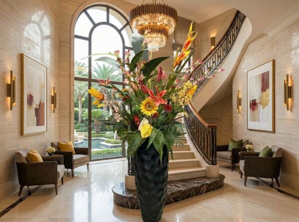 240 cm Siyah Fiberglass Saksılı Özel Tanzim Lüks Yapay Çiçek Aranjmanı