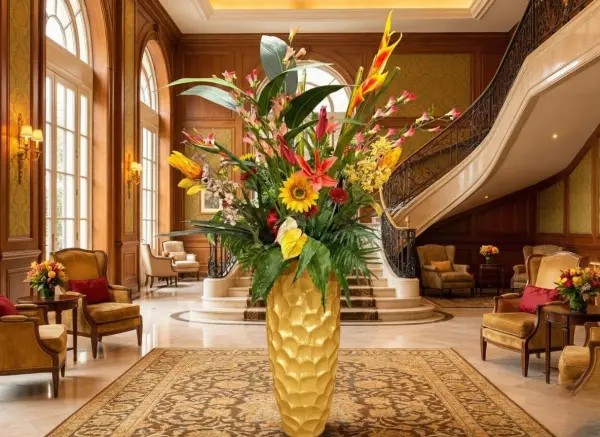 240 cm Gold Fiberglass Saksılı Özel Tanzim Lüks Yapay Çiçek Aranjmanı