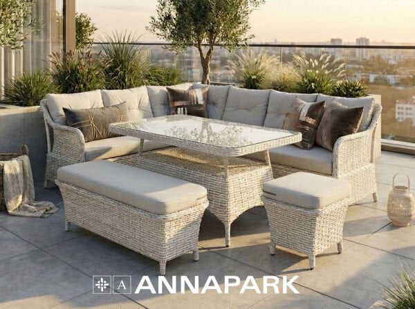 Marbella Köşe ve Masa Takımı Açık Gri Rattan - Açık Gri Minder