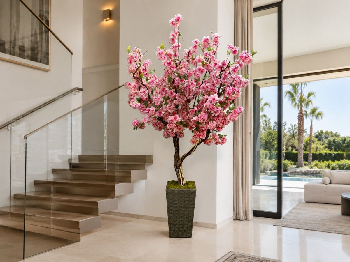 Rattan Saksılı Yapay Ağaç - Doğal Gövdeli Sakura 230 cm