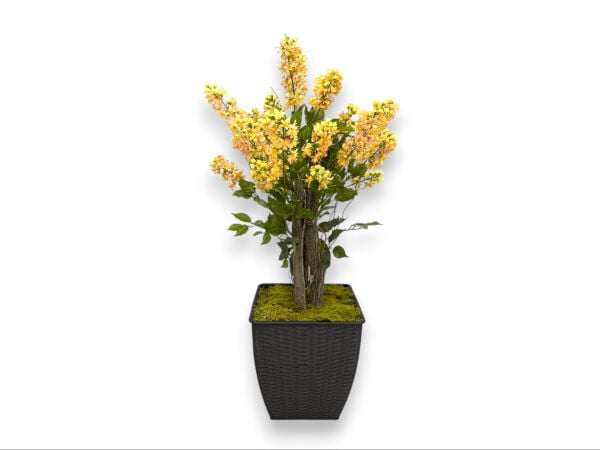 Rattan Saksılı Yapay Ağaç - Doğal Gövdeli Sarı Çiçekli 90 cm