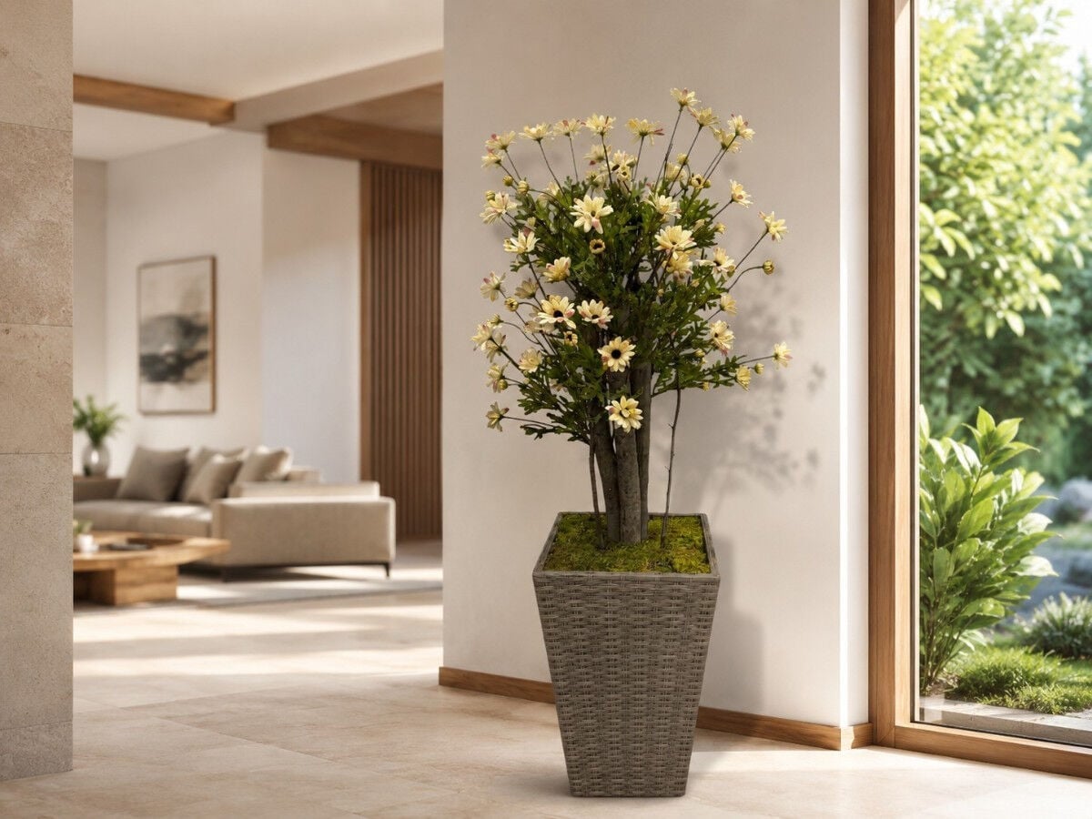 Rattan Saksılı Yapay Ağaç - Doğal Gövdeli Papatya 100 cm