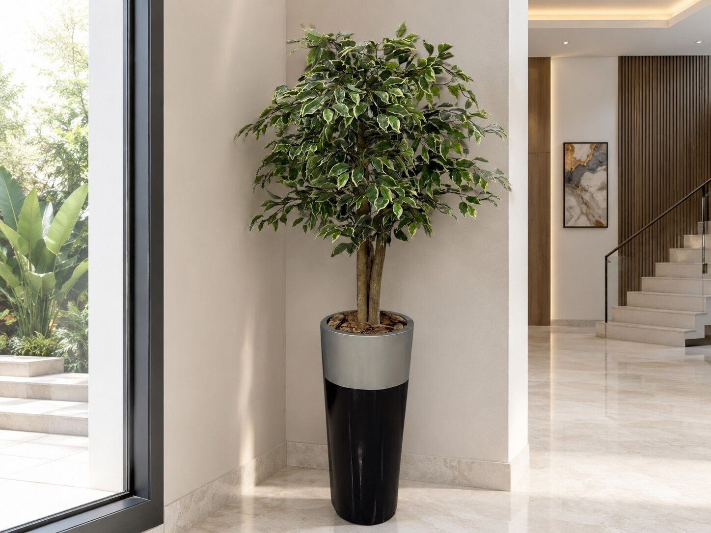 Doğal Gövdeli Alacalı Ficus Yapay Ağacı 180 cm - Fiberglass Saksılı