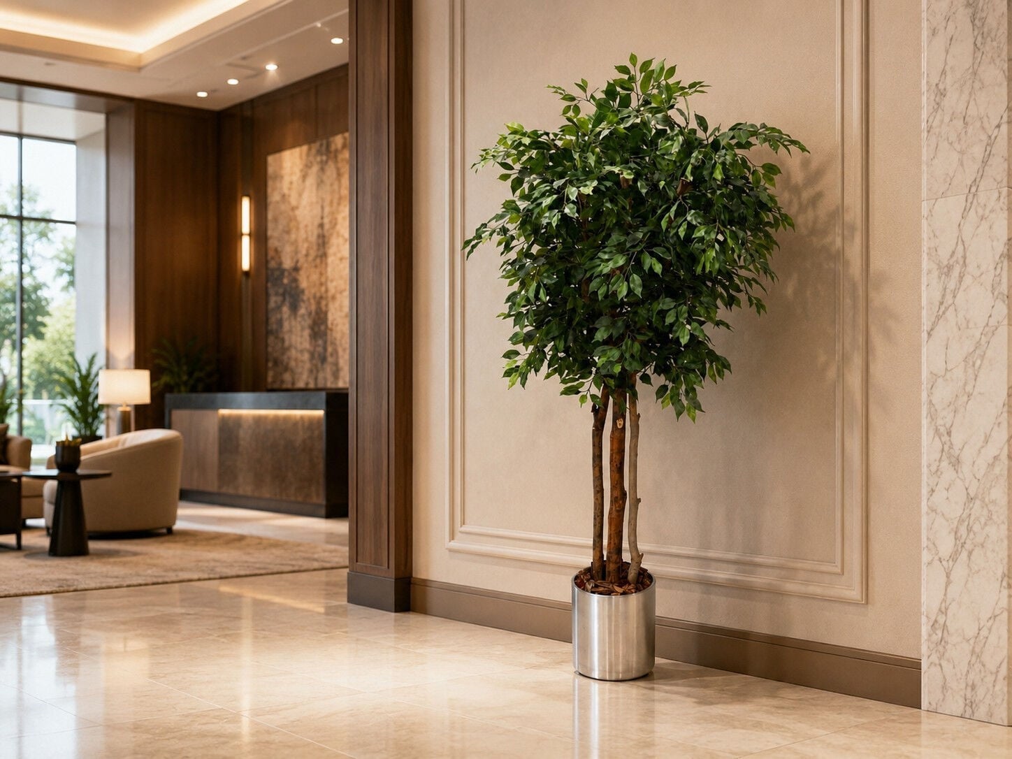 Doğal Gövdeli Yeşil Ficus Yapay Ağacı 190 cm - Metal Saksılı