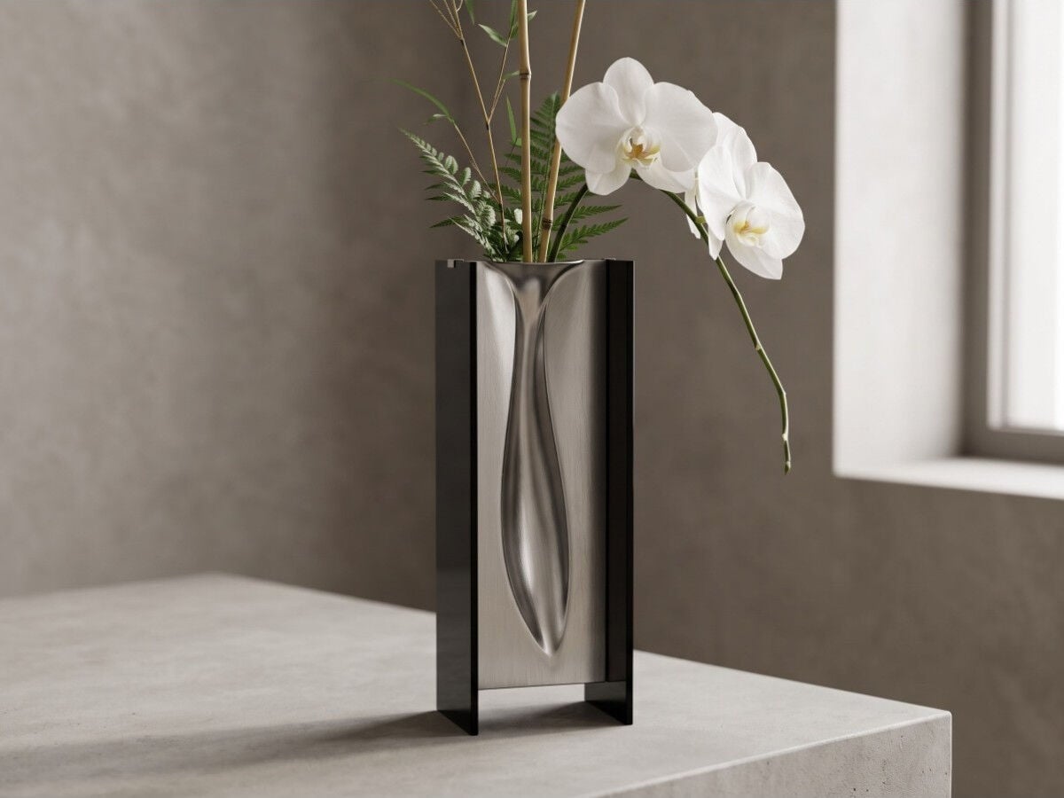 Dekoratif Cam Vazo İnce Uzun Metal Detaylı 32x11 cm