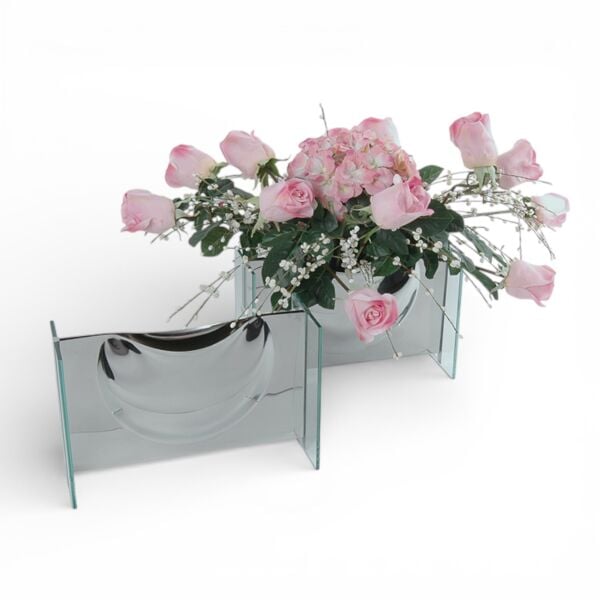 Dekoratif Cam Vazo Şeffaf Kavisli Metal Detaylı 32x20 cm