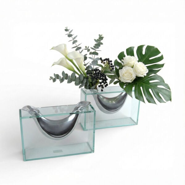 Dekoratif Cam Vazo Şeffaf Kavisli Metal Detaylı 30x23 cm