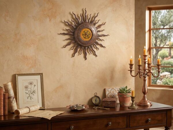 Eskitme Metal Güneş Tasarımlı Vintage Duvar Saati - 50 cm