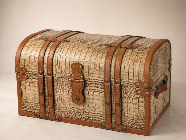 Timsah Desenli Deri Kaplama Ahşap Sandık - Kubbe Kapaklı Bavul Sandığı, 54 × 35 × 31 cm