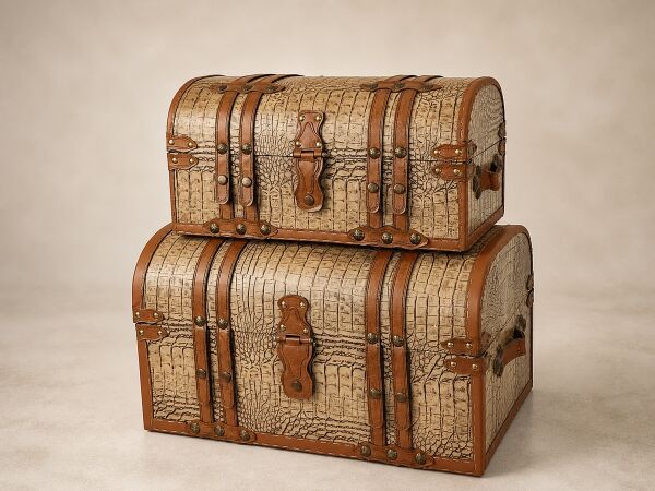 Timsah Desenli Deri Kaplama Ahşap Sandık - Kubbe Kapaklı Bavul Sandığı, 54 × 35 × 31 cm