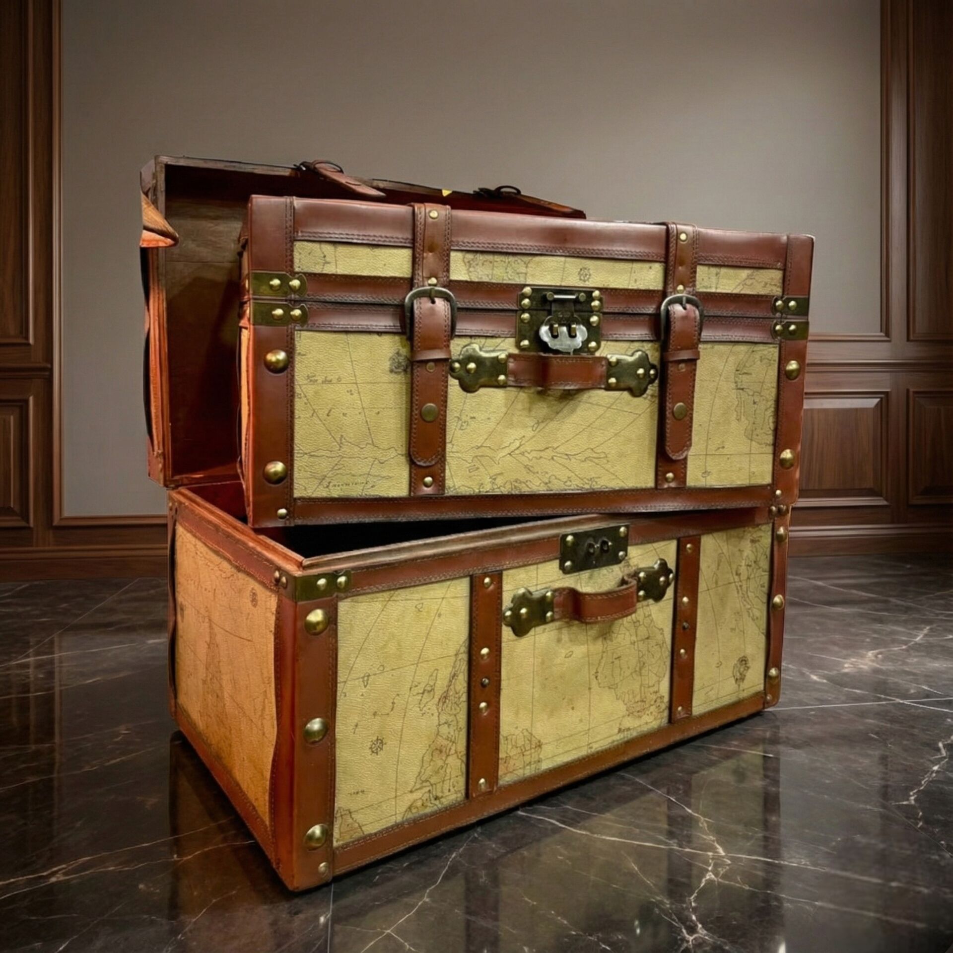 Dünya Haritalı Büyük Boy Ahşap ve Deri Sandık 56cm