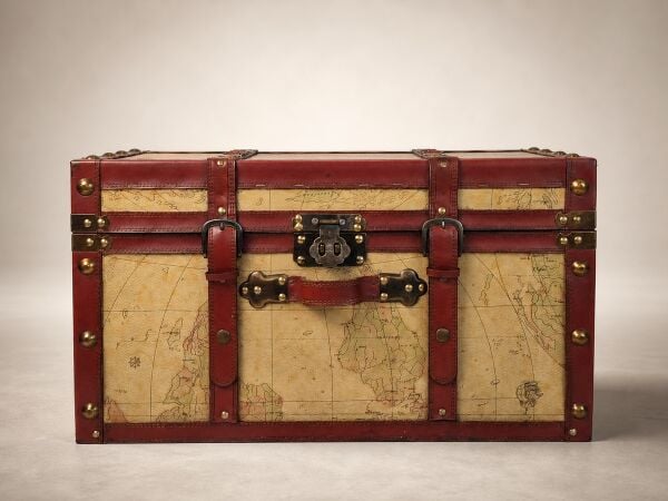 Dünya Haritası Desenli Ahşap Bavul Sandık - Deri Şeritli Vintage 56 × 34 × 31 cm