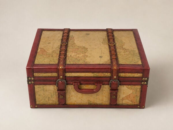 Antik Harita Desenli Ahşap Bavul Sandık 40 × 27 × 16 cm