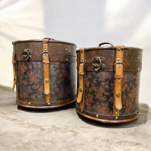 Deri Kaplama Yuvarlak Ahşap Sandık & Organizer (32 cm)