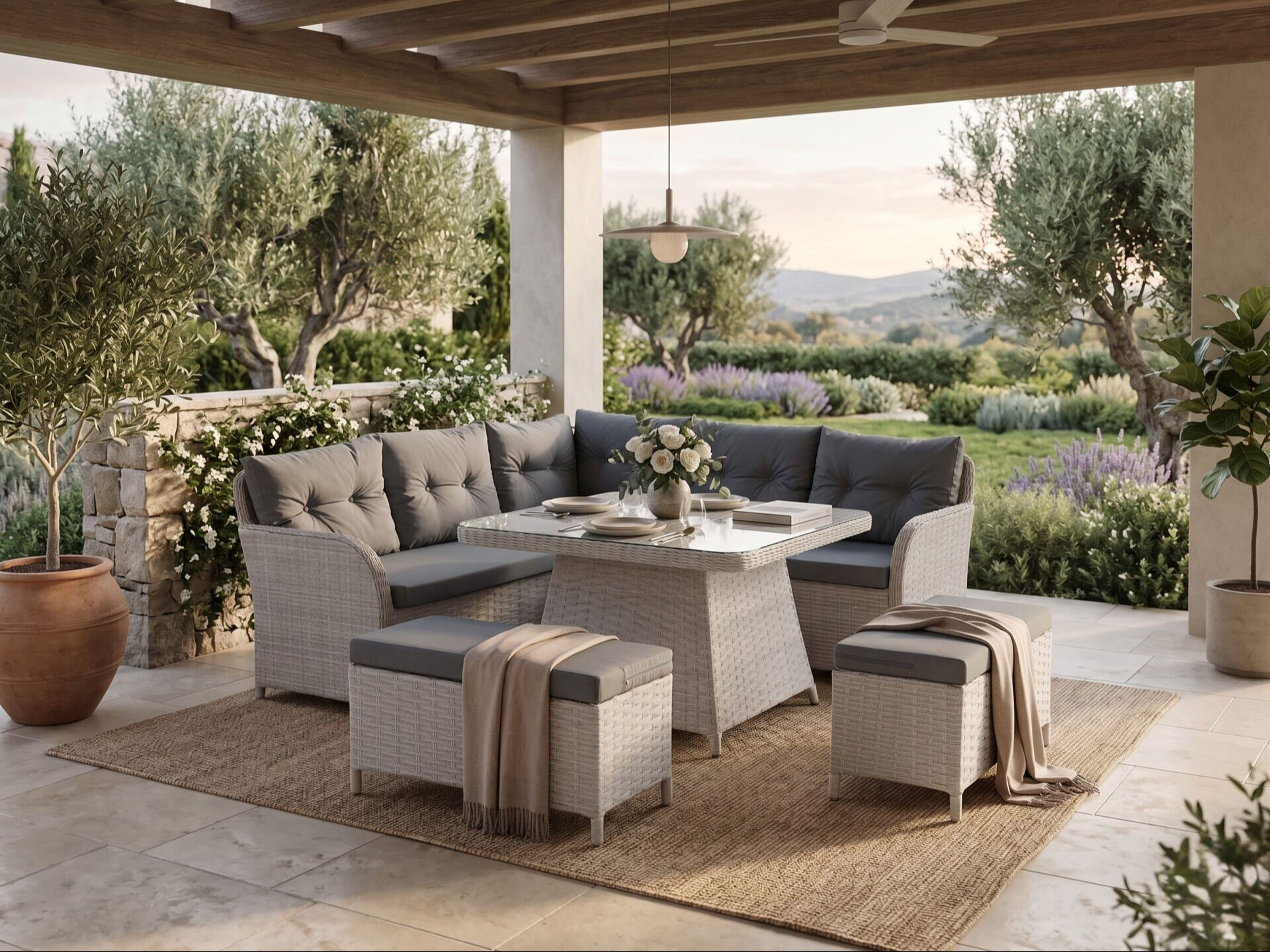 Balkon ve Bahçe Köşe Takımı Astoria Açık Gri Rattan