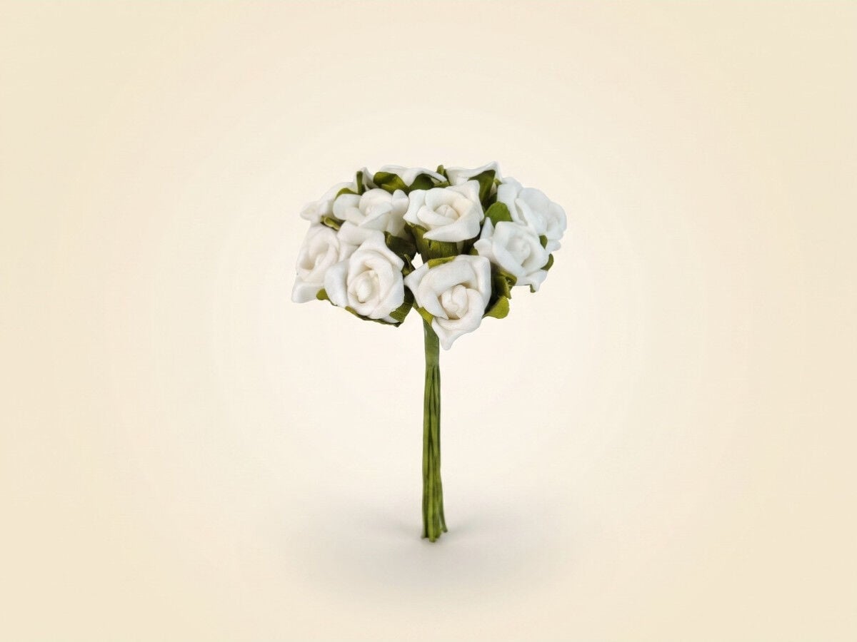 Nikah Şekeri & Hediyelik Süsleme Çiçeği – Beyaz Mini Yapay Gül Demeti (12 cm)