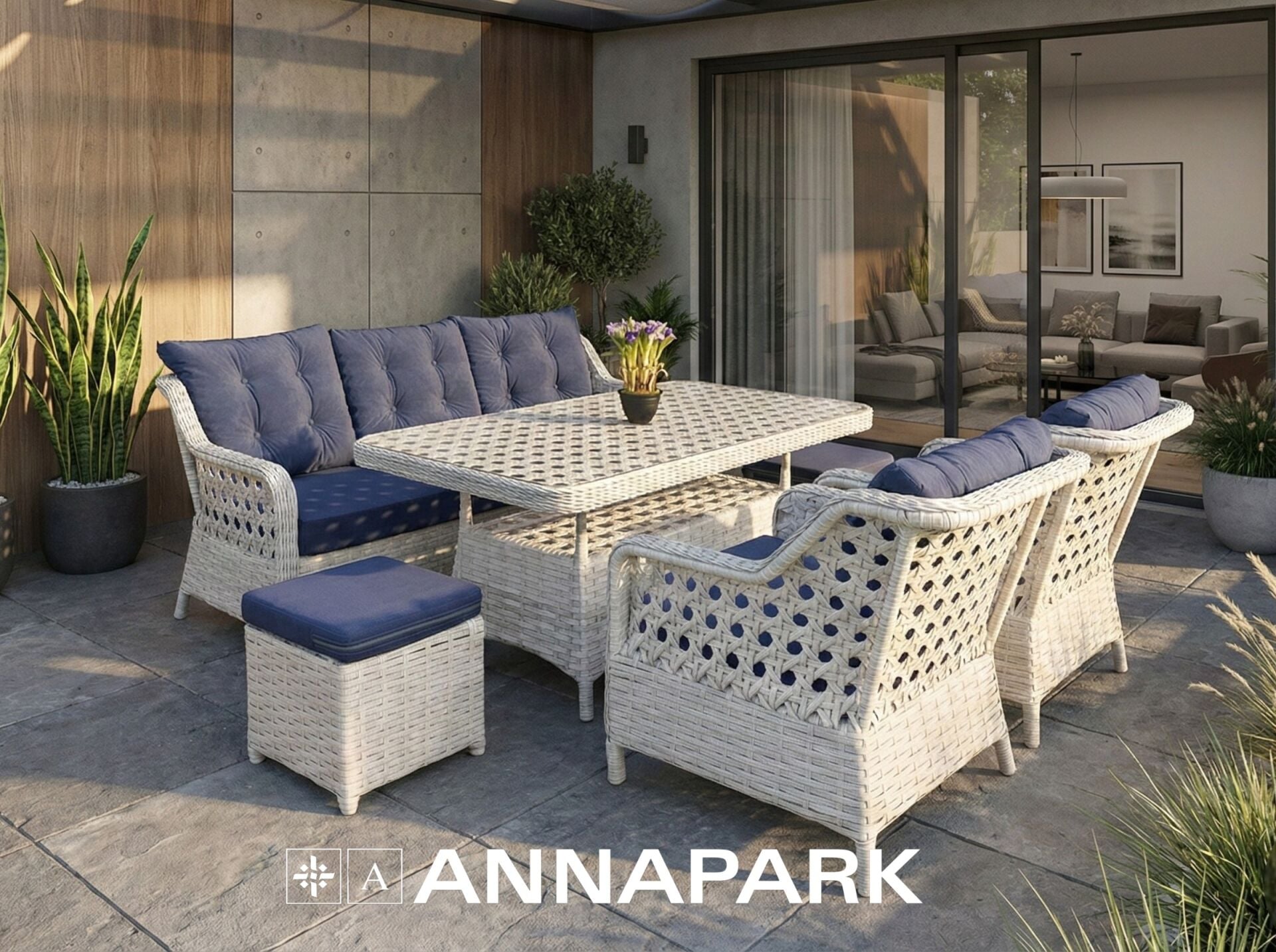 Rattan Masalı Bahçe Oturma Grubu Marina Beyaz / Mavi