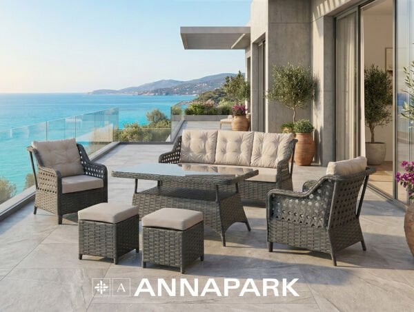 Verano Rattan Bahçe Masa ve Oturma Takımı - Antrasit / Açık Gri Minder