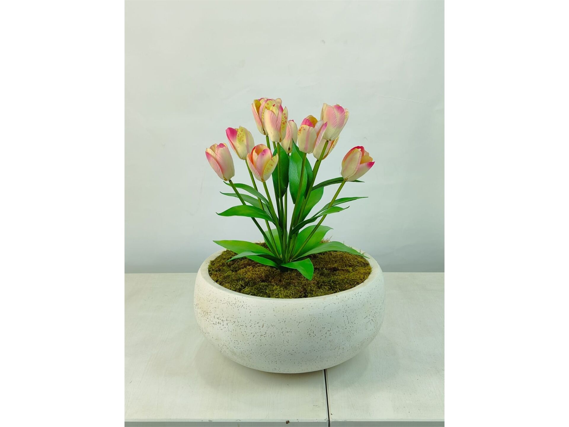 Yapay Lale Aranjmanı 60 cm – Büyük Fiber Saksılı Pembe-Krem