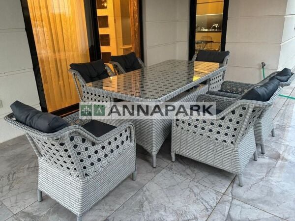 Balkon ve Bahçe Masa Sandalye Takımı Victory Açık Gri Rattan 6 Kişilik