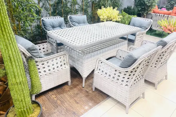 Balkon ve Bahçe Masa Sandalye Takımı Victory Açık Gri Rattan 6 Kişilik