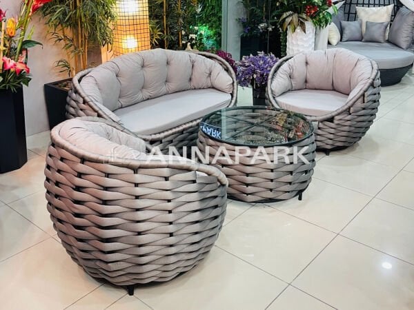Apple Balkon ve Veranda Oturma Takımı - Antrasit Gri Örgü / Gri Minder