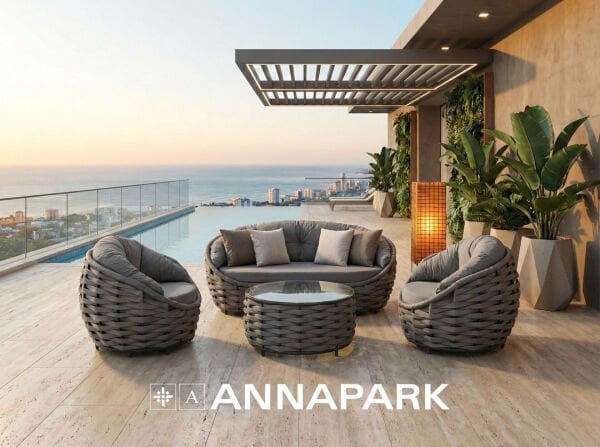 Apple Balkon ve Veranda Oturma Takımı - Antrasit Gri Örgü / Gri Minder