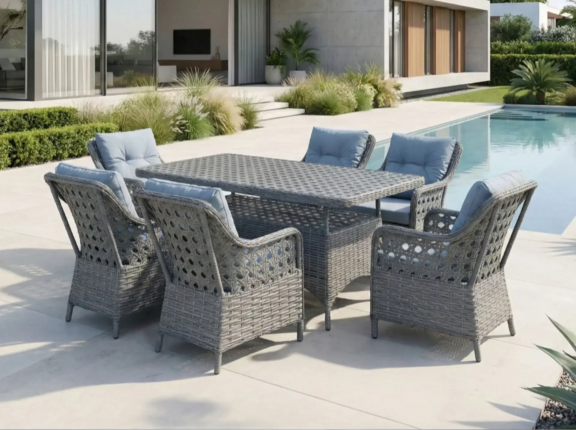 Balkon ve Bahçe Masa Sandalye Takımı Victory Antrasit Rattan Koyu Gri Minder 6 Kişilik
