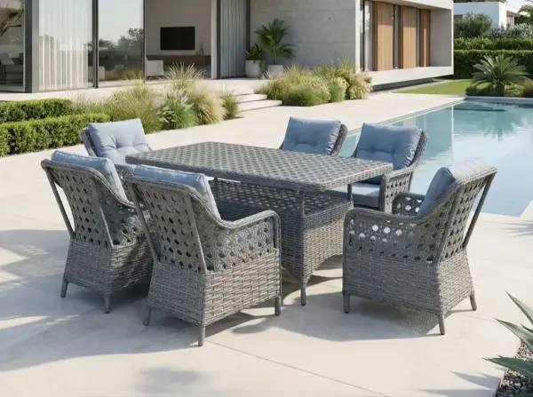 Balkon ve Bahçe Masa Sandalye Takımı Victory Antrasit Rattan Koyu Gri Minder 6 Kişilik