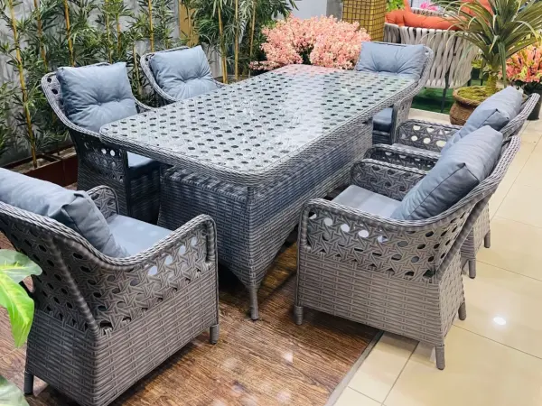 Balkon ve Bahçe Masa Sandalye Takımı Victory Antrasit Rattan Koyu Gri Minder 6 Kişilik
