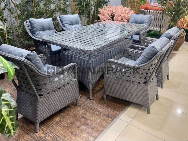 Balkon ve Bahçe Masa Sandalye Takımı Victory Antrasit Rattan Koyu Gri Minder 6 Kişilik