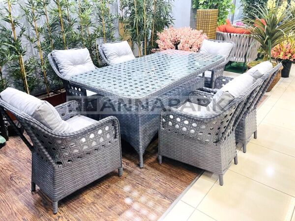 Balkon ve Bahçe Masa Sandalye Takımı Victory Antrasit Rattan Açık Gri Minder 6 Kişilik