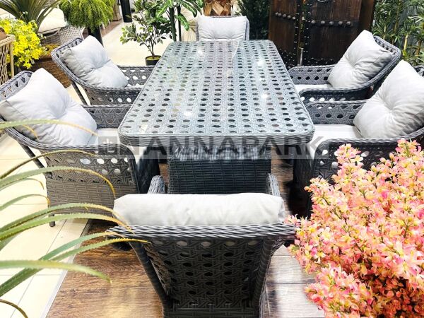 Victory 6 Kişilik Bahçe Masa Takımı – Antrasit Rattan / Açık Gri Minder