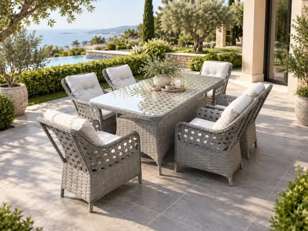 Balkon ve Bahçe Masa Sandalye Takımı Victory Antrasit Rattan Açık Gri Minder 6 Kişilik