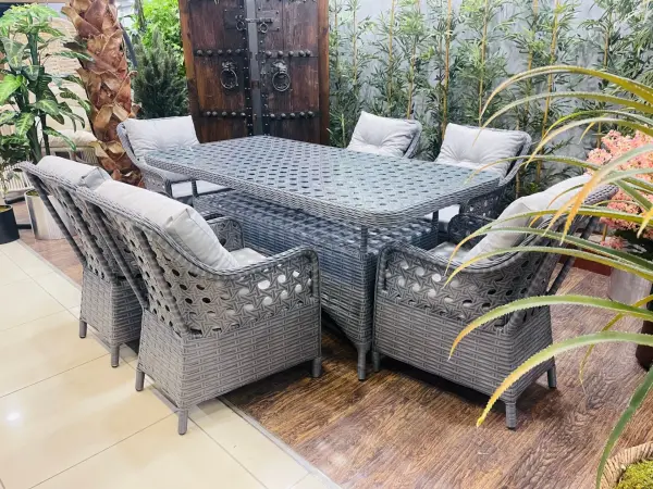 Balkon ve Bahçe Masa Sandalye Takımı Victory Antrasit Rattan Açık Gri Minder 6 Kişilik