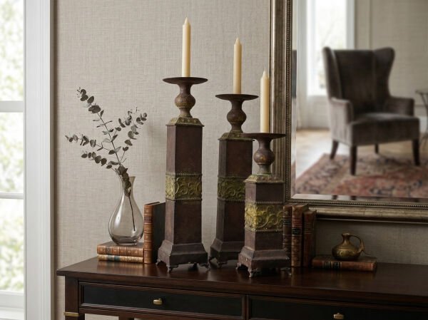 Eskitme El Yapımı Vintage 3'lü Şamdan ve Mumluk Seti