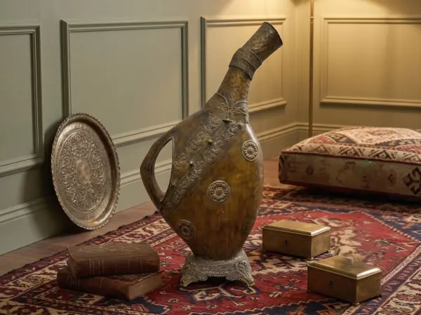 Eğik Boyunlu Kulplu Eskitme Dekoratif Vazo 64 cm