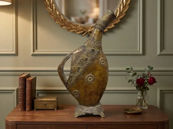 Eğik Boyunlu Kulplu Eskitme Dekoratif Vazo 64 cm