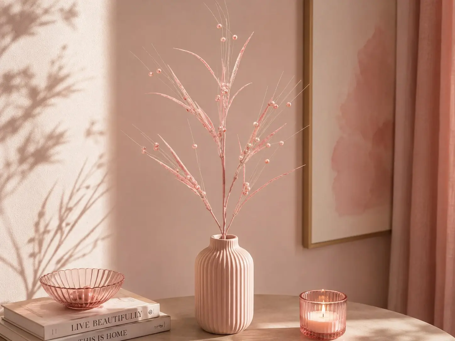 Yapay Çiçek Kristal Yapraklı Dekoratif Dal 75 cm Pembe