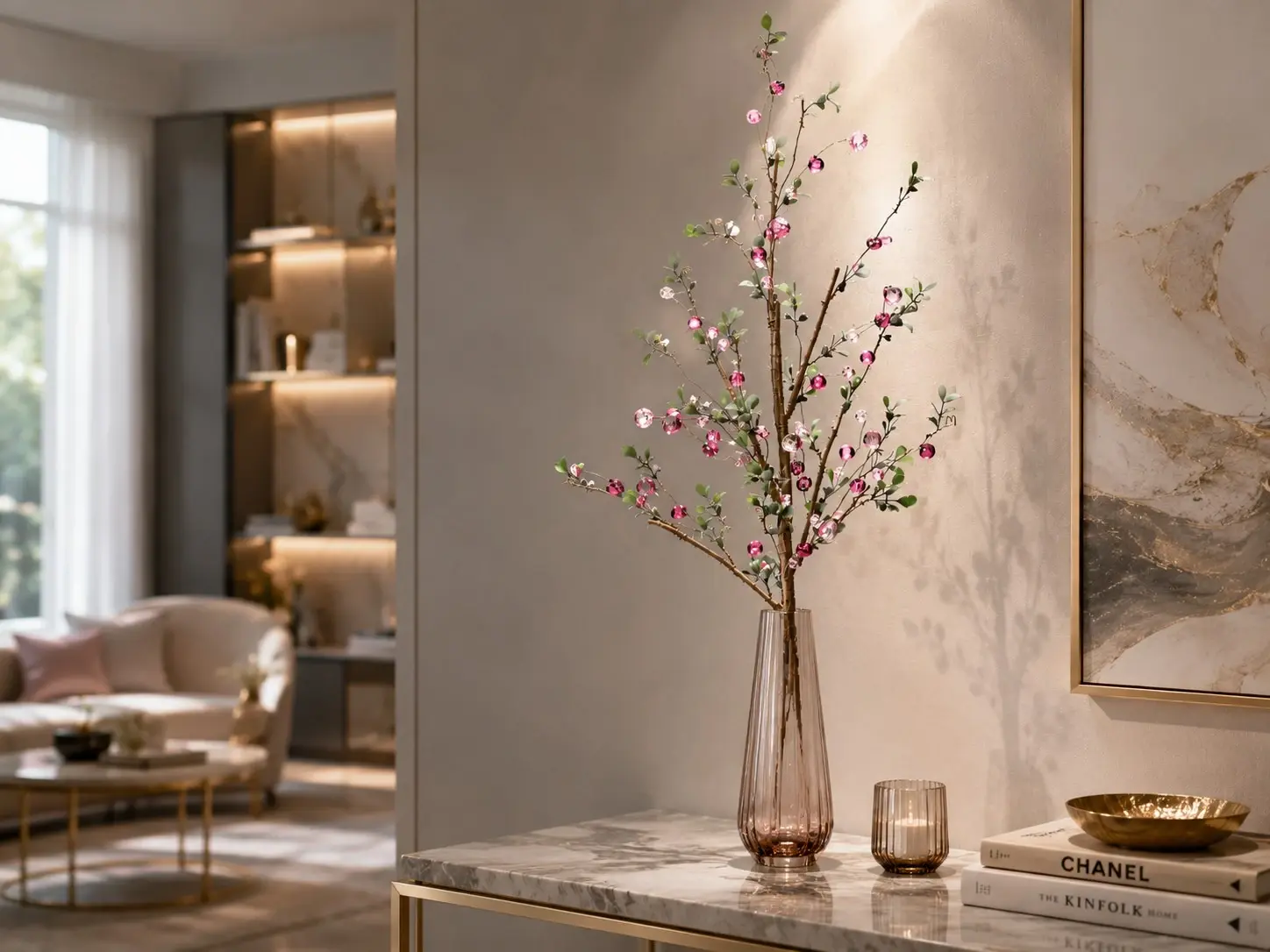 Yapay Çiçek Kristal Yapraklı Dal 70 cm Pembe ve Yeşil