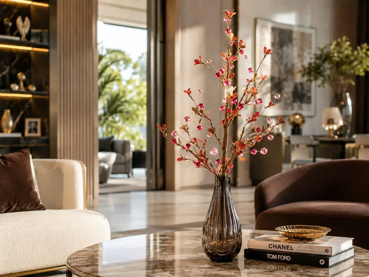 Yapay Çiçek Kristal Yapraklı Dal 70 cm Bordo