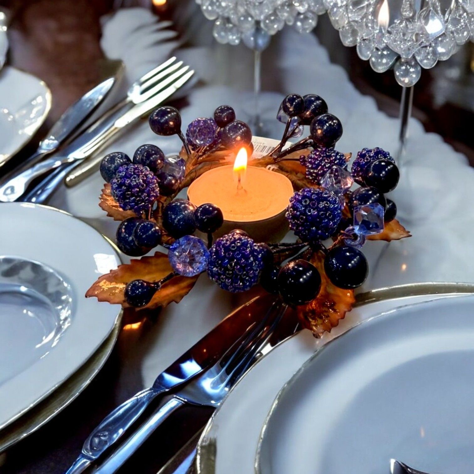 El Yapımı Kristal Dokulu Safir Mavi ve Turuncu Renk Detaylı Mumluk Masa Dekoru (13 cm)