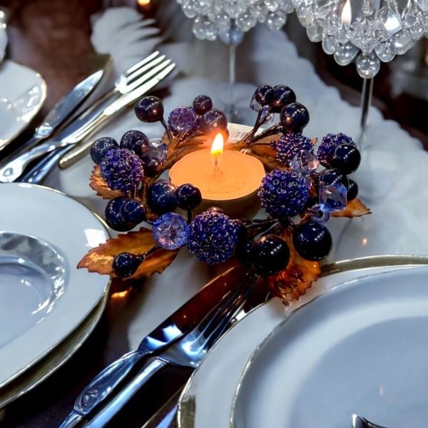 El Yapımı Kristal Dokulu Safir Mavi ve Turuncu Renk Detaylı Mumluk Masa Dekoru (13 cm)