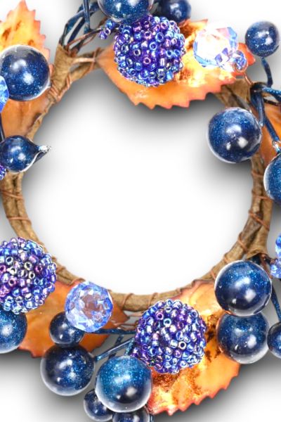 El Yapımı Kristal Dokulu Safir Mavi ve Turuncu Renk Detaylı Mumluk Masa Dekoru (13 cm)