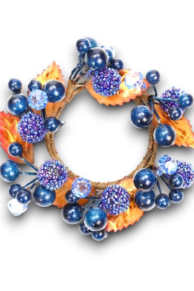 El Yapımı Kristal Dokulu Safir Mavi ve Turuncu Renk Detaylı Mumluk Masa Dekoru (13 cm)