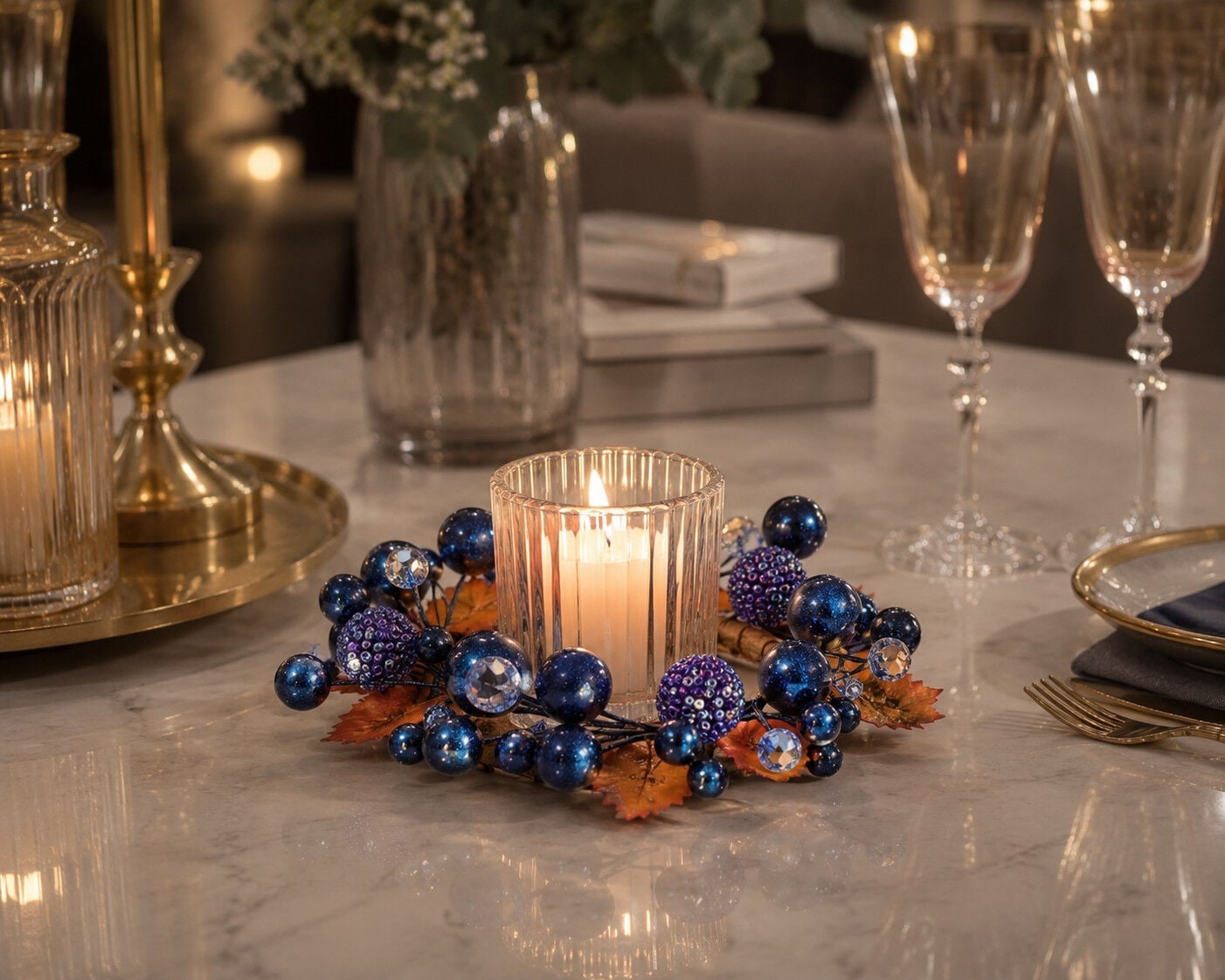 Safir Mavi Kristal Dokulu Mum Halkası 13 cm