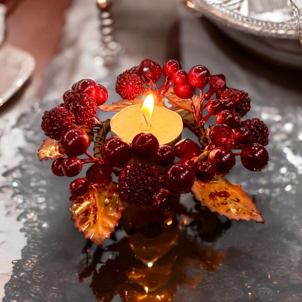 El Yapımı Kristal İşlemeli Kırmızı Renk Detaylı Mumluk Masa Dekoru (13 cm)